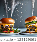 An impressive double-decker burger stacked with fresh lettuce, onions, cheese, and dripping sauce, with ingredients flying dramatically in the background, creating an exciting food explosion. 123129861