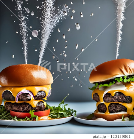 An impressive double-decker burger stacked with fresh lettuce, onions, cheese, and dripping sauce, with ingredients flying dramatically in the background, creating an exciting food explosion. 123129861