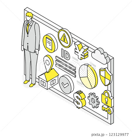 パーソナルデータと男性ビジネスパーソンのアイソメトリックイラスト 123129977