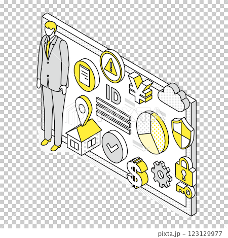 パーソナルデータと男性ビジネスパーソンのアイソメトリックイラスト 123129977