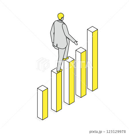 棒グラフを登る男性ビジネスマンのアイソメトリックイラスト 123129978