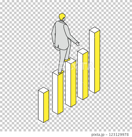 棒グラフを登る男性ビジネスマンのアイソメトリックイラスト 123129978