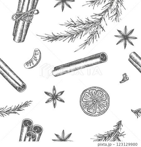 Seamless pattern with ingredients for mulled wine. Vector graphic illustration. Cinnamon, anis, orange and fir branch isolated on white background shape. Packaging dry fruit, wrapping paper, textile Seamless pattern with ingredients for mulled wine. Vector graphic illustration. Cinnamon, anis, orange and fir branch isolated on white background shape. Packaging dry fruit, wrapping paper, textile 123129980