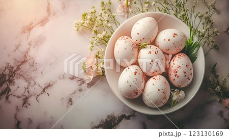 Spring religious holiday. The attributes of Easter are painted eggs. AI-generated item. 123130169