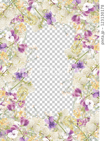 A spring flower frame combining violets and irises A spring flower frame combining violets and irises 123130178