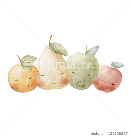 Watercolor composition fruits apples, pear, mandarin orange citrus. Hand drawn cartoon style illustration, characters with cute eyes for design cards posters, invitations tableware, clothes, packaging 123130237