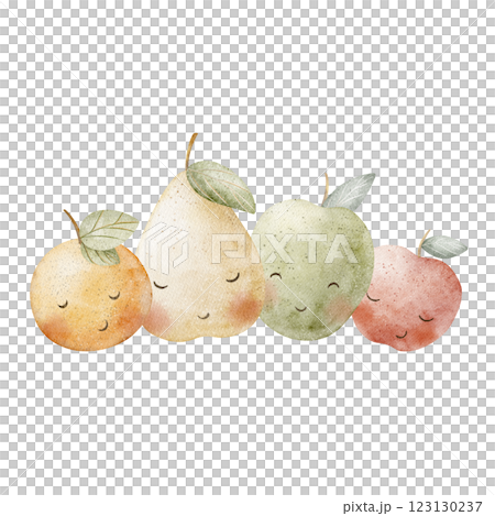 Watercolor composition fruits apples, pear, mandarin orange citrus. Hand drawn cartoon style illustration, characters with cute eyes for design cards posters, invitations tableware, clothes, packaging 123130237
