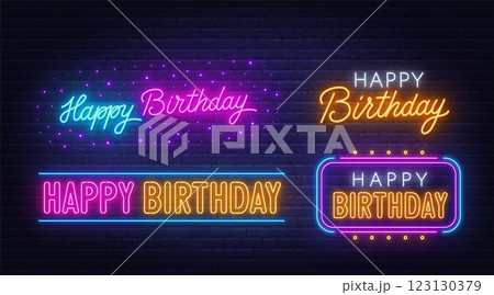 Happy Birthday neon text on brick wall background 123130379