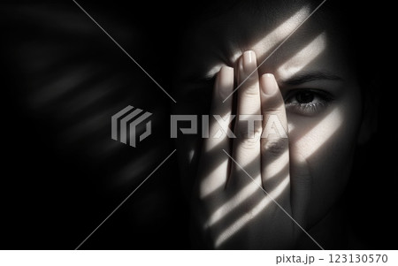 Woman in fear: protective pose, rescue gesture, stop abuse, domestic violence awareness, safety message, defense stance, empowerment call, prevention campaign, emotional strength. Woman in fear: protective pose, rescue gesture, stop abuse, domestic violence awareness, safety message, defense stance, empowerment call, prevention campaign, emotional strength. 123130570