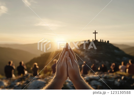 Religious faith portrayal: prayer concept, worship of god, sacred bible teachings, Christian ceremony, divine presence, church veneration, Jesus Christ devotion, spiritual worship, almighty belief. 123130588