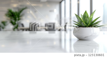 Cosy office: spacious layout, bright lighting, green accents, calming atmosphere, blank text space, modern decor, tranquil environment, natural elements, creative workspace, minimalist design. 123130601