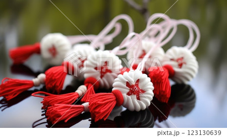 Martisor joy: white and red threads, intricate flowers, springtime gift, handcrafted ornaments, cultural heritage, festive custom, floral charm, joyous occasion, symbolic celebration. Martisor joy: white and red threads, intricate flowers, springtime gift, handcrafted ornaments, cultural heritage, festive custom, floral charm, joyous occasion, symbolic celebration. 123130639