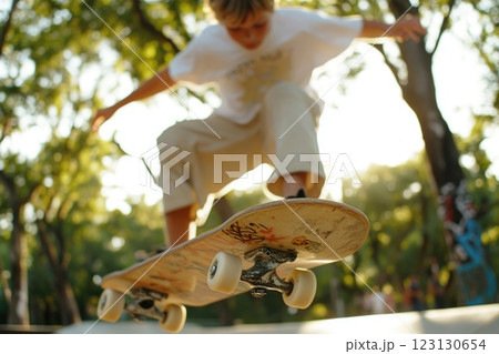 A young skateboarder executes an ollie over the edge of a skateboard ramp, surrounded by trees in a sunlit park. This activity showcases their skill and determination in skating 123130654