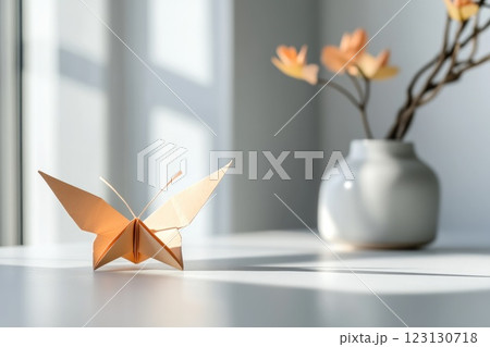 A softly colored origami butterfly sits gracefully on a tabletop, with a simple flower vase in the background A softly colored origami butterfly sits gracefully on a tabletop, with a simple flower vase in the background 123130718