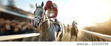 Jockeys on track: thrilling race, powerful horses, competitive spirit, dynamic motion, trackside energy, galloping rhythm, athletic performance, vibrant pace, captivating sporting atmosphere. Jockeys on track: thrilling race, powerful horses, competitive spirit, dynamic motion, trackside energy, galloping rhythm, athletic performance, vibrant pace, captivating sporting atmosphere. 123130750