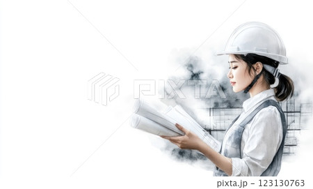 A female engineer is focused on reviewing construction plans while wearing a safety helmet. She stands in a contemporary office space with architectural designs in the background 123130763