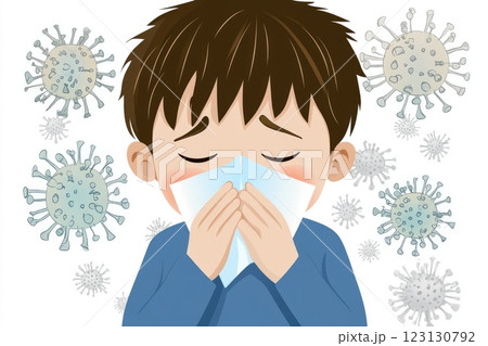 Cold symptoms display: sick individual, tissue use, virus prevention, protective mask, sneezing action, illness indication, respiratory care, germ spread, personal hygiene focus, seasonal ailment. 123130792