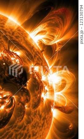 Solar eruption: intense flare unleashing energy from the sun, electromagnetic turbulence, solar wind disruption, magnetic field interactions, plasma release, cosmic activity, astronomical phenomenon. 123130794