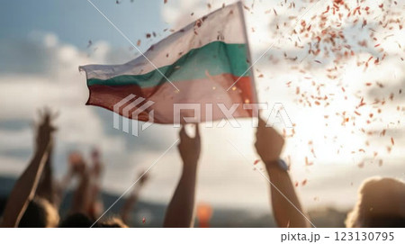 Happy celebration Bulgaria Liberation: vibrant gathering, national festivity, historic honor, cultural pride, cheerful unity, patriotic joy, public commemoration, festive crowd, spirited occasion. 123130795