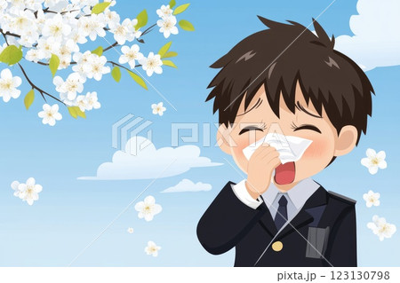 Allergy to plants concept: seasonal bloom, floral trigger, respiratory irritation, red eye, nasal sneeze, environmental factor, pollen spread, immune defense, sensitive symptom, spring condition. 123130798
