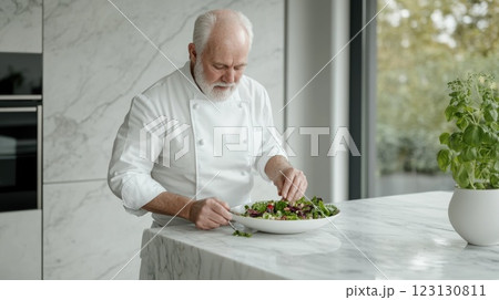 Culinary Moment: Senior creates salad, ripe vegetables, crisp fruits, nutritious dining, kitchen ambiance, healthy choices, flavorful mix, wellness, active living, vibrant meal, joyful preparation. Culinary Moment: Senior creates salad, ripe vegetables, crisp fruits, nutritious dining, kitchen ambiance, healthy choices, flavorful mix, wellness, active living, vibrant meal, joyful preparation. 123130811