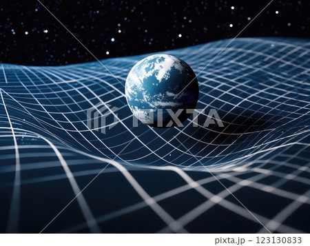 Earth in curved space-time: gravity grid surrounding planet, cosmic particles, glowing lines, mass effect, detailed atmosphere, realistic surface, stellar environment, universal curvature. Earth in curved space-time: gravity grid surrounding planet, cosmic particles, glowing lines, mass effect, detailed atmosphere, realistic surface, stellar environment, universal curvature. 123130833