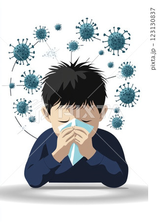 Sick individual moment: sneezing act, tissue aid, mask barrier, virus defense, cold relief, respiratory concern, illness prevention, germ reduction, personal care, seasonal condition response. 123130837
