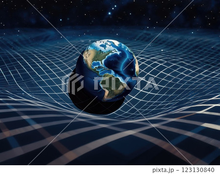 Gravity well visualization: planet's central role, curved space illustration, grid lines glowing, mass impact, cosmic particles, stellar details, atmospheric realism, planetary surface. 123130840