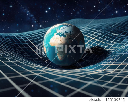 Gravity well visualization: planet's central role, curved space illustration, grid lines glowing, mass impact, cosmic particles, stellar details, atmospheric realism, planetary surface. 123130845