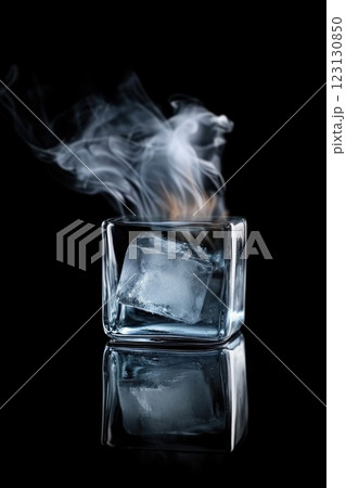 Ice cubes banner: minimalist style, clear design, frosty texture, chilled elements, crisp visual, refreshing look, cold sensation, subtle elegance, clean aesthetics. 123130850