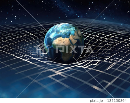 Earth in curved space-time: gravity grid surrounding planet, cosmic particles, glowing lines, mass effect, detailed atmosphere, realistic surface, stellar environment, universal curvature. Earth in curved space-time: gravity grid surrounding planet, cosmic particles, glowing lines, mass effect, detailed atmosphere, realistic surface, stellar environment, universal curvature. 123130864