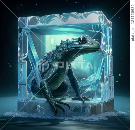 Lizard sitting in ice cube. Creative. Lizard frozen in blue ice cube. Lizard sitting in ice cube. Creative. Lizard frozen in blue ice cube. 123130929