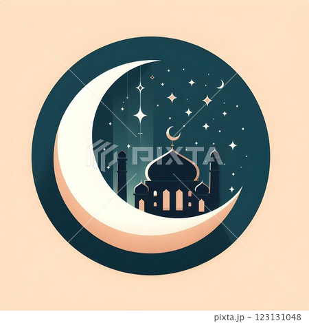 Illustration of a crescent moon with a mosque silhouette against a starry night sky, symbolizing Ramadan, Islam, and spirituality. Elegant and serene design with warm colors. Illustration of a crescent moon with a mosque silhouette against a starry night sky, symbolizing Ramadan, Islam, and spirituality. Elegant and serene design with warm colors. 123131048