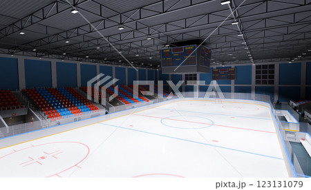 Ice hockey rink with empty seats scoreboard bright lights modern indoor arena ready for game clean ice surface blue red seats 123131079