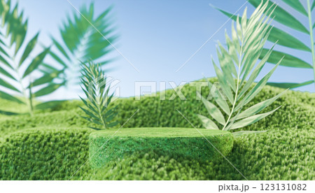 Empty platform for products in a natural setting, green foliage and grass, ideal for eco-friendly cosmetics, 3D illustration, natural background 123131082