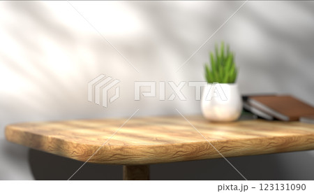 Wooden table background, empty product placement backdrop, simple surface, blank canvas for advertising, bright ambiance, modern workspace, natural light, blurred background 123131090