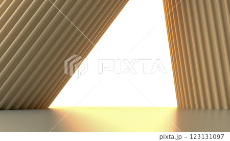Background for placing object, 3D rendering, abstract geometric shapes, modern design, minimalistic style, light and shadow, beige and white colors, vertical lines, symmetrical composition 123131097