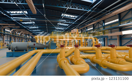 Modern factory interior with yellow pipelines, red valves, various machinery, high ceiling, metal beams, bright lighting, advanced engineering, modern industrial plant Modern factory interior with yellow pipelines, red valves, various machinery, high ceiling, metal beams, bright lighting, advanced engineering, modern industrial plant 123131100
