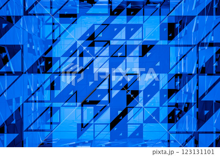 Abstract geometric pattern with blue and black triangles rectangles modern digital art futuristic design overlapping shapes vibrant colors high contrast dynamic composition 123131101