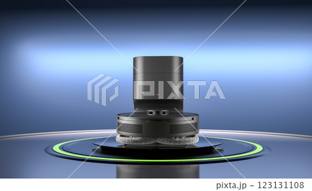 Modern robot vacuum cleaner on display with advanced cleaning technology, smart home device, efficient floor cleaning, home automation, blue background Modern robot vacuum cleaner on display with advanced cleaning technology, smart home device, efficient floor cleaning, home automation, blue background 123131108