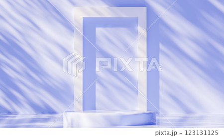 Minimalist empty podium with geometric shapes for product placement presentation in soft blue light and shadows, 3d rendering, modern abstract background Minimalist empty podium with geometric shapes for product placement presentation in soft blue light and shadows, 3d rendering, modern abstract background 123131125