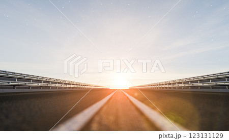 Road leading towards bright future with glowing sunrise horizon morning light symbolizing hope new beginnings journey adventure optimism freedom endless opportunities 123131129