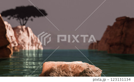 Rocky landscape with water and distant mountains, empty podium or product placement presentation, serene natural setting for showcasing item 123131134