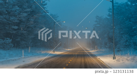 Winter road with snow covered trees on both sides, illuminated by streetlights at dusk, creating serene and peaceful atmosphere in forest 123131138