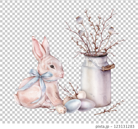 Watercolor illustration bouquet of willow branches and tree dry branch without leaves in metal can and cute hare or bunny with bow. Easter quail eggs and chicken color painted eggs. For easter design Watercolor illustration bouquet of willow branches and tree dry branch without leaves in metal can and cute hare or bunny with bow. Easter quail eggs and chicken color painted eggs. For easter design 123131283