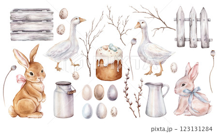 Big bundle of Easter design with bunny, painted eggs, Easter cake, willow and without leaves branches, wooden box and boards, can, jug, gooses, poppy seed. Hand drawn watercolor set illustrations. Big bundle of Easter design with bunny, painted eggs, Easter cake, willow and without leaves branches, wooden box and boards, can, jug, gooses, poppy seed. Hand drawn watercolor set illustrations. 123131284