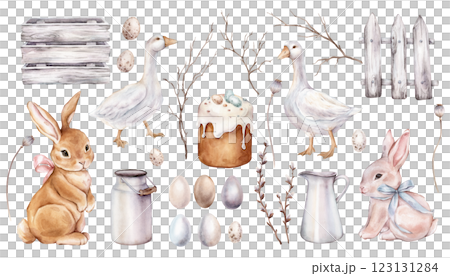 Big bundle of Easter design with bunny, painted eggs, Easter cake, willow and without leaves branches, wooden box and boards, can, jug, gooses, poppy seed. Hand drawn watercolor set illustrations. Big bundle of Easter design with bunny, painted eggs, Easter cake, willow and without leaves branches, wooden box and boards, can, jug, gooses, poppy seed. Hand drawn watercolor set illustrations. 123131284