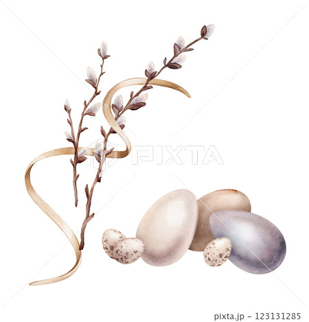 Easter composition with Chicken paint eggs and willow branches and ribbon. Symbols of Easter celebration for card. Watercolor hand drawn pastel color illustration isolated on a white background. Easter composition with Chicken paint eggs and willow branches and ribbon. Symbols of Easter celebration for card. Watercolor hand drawn pastel color illustration isolated on a white background. 123131285