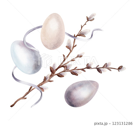 Easter composition with Chicken paint eggs and willow branches and ribbon. Symbols of Easter celebration for card. Watercolor hand drawn pastel color illustration isolated on a white background. 123131286