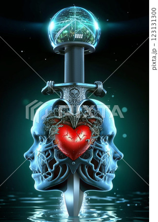 Confrontation of people all over the world.  A sword pierces a human heart, above is a glowing sphere of cities. 123131300